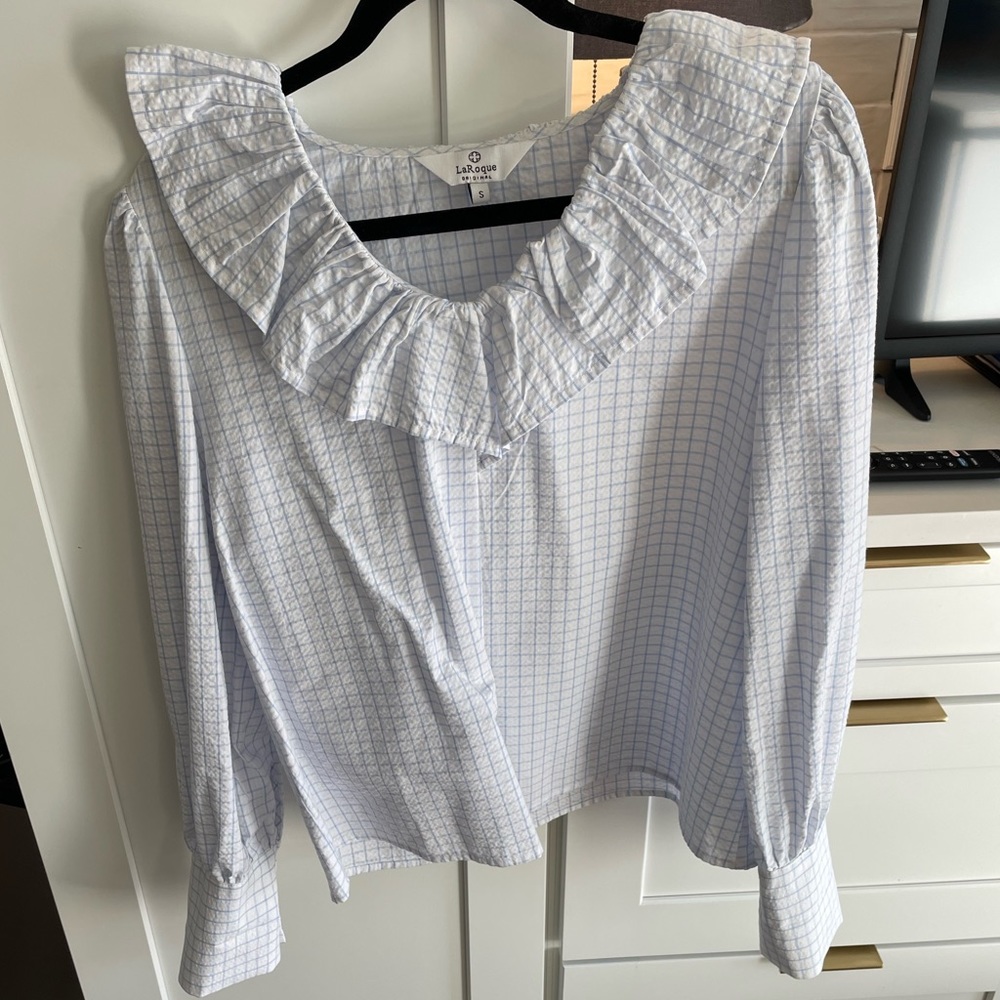 LaRoque Blue and White Ruffle Neck Top